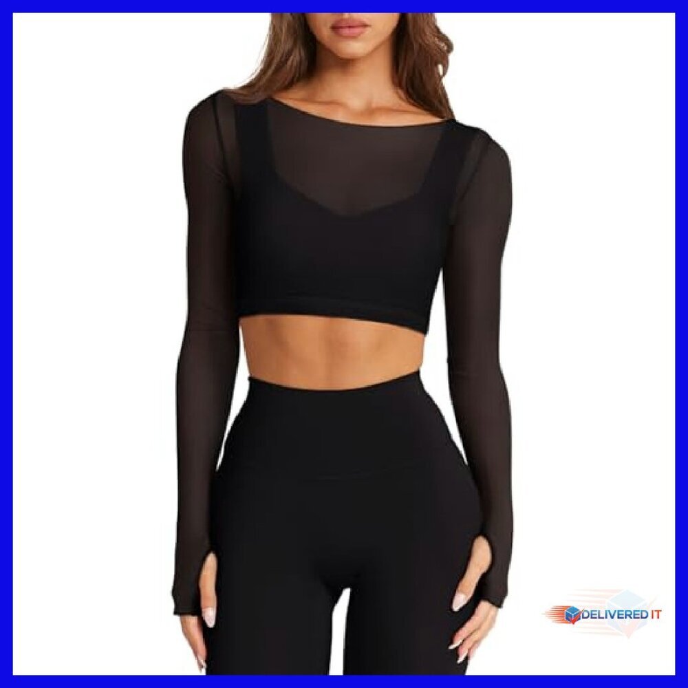 Mesh Long Sleeve Crop Top Double Lined Built-in Bra Workout Shirt - Picture 2 of 7